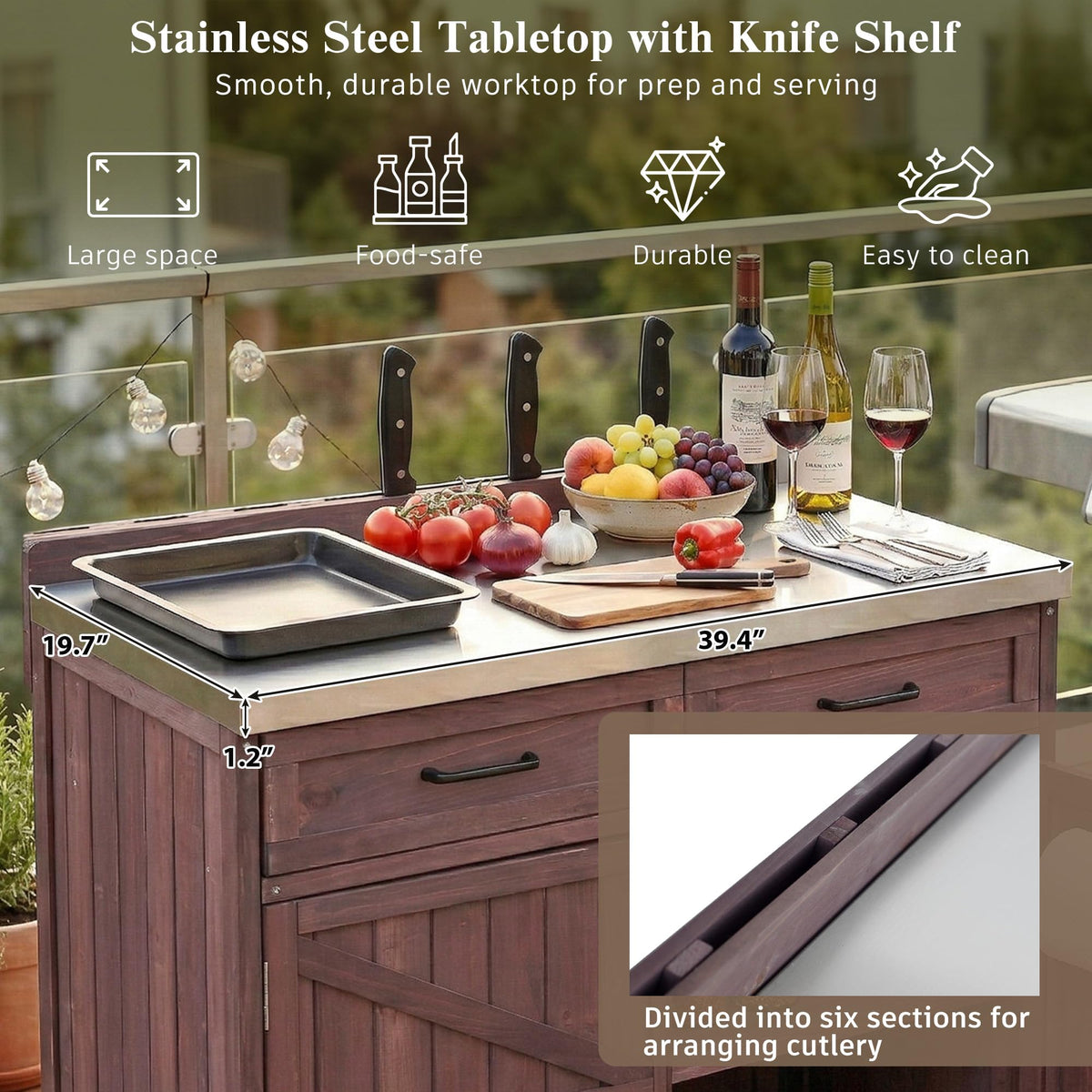 Merax Farmhouse 39.4" Grill Cart with Drawer, Storage Cabinet and Stainless Steel Top, Outdoor Grill Station w/Internal Racks & Lockable Wheels, Modular Kitchen Island for Food Prep & BBQ, Dark Brown
