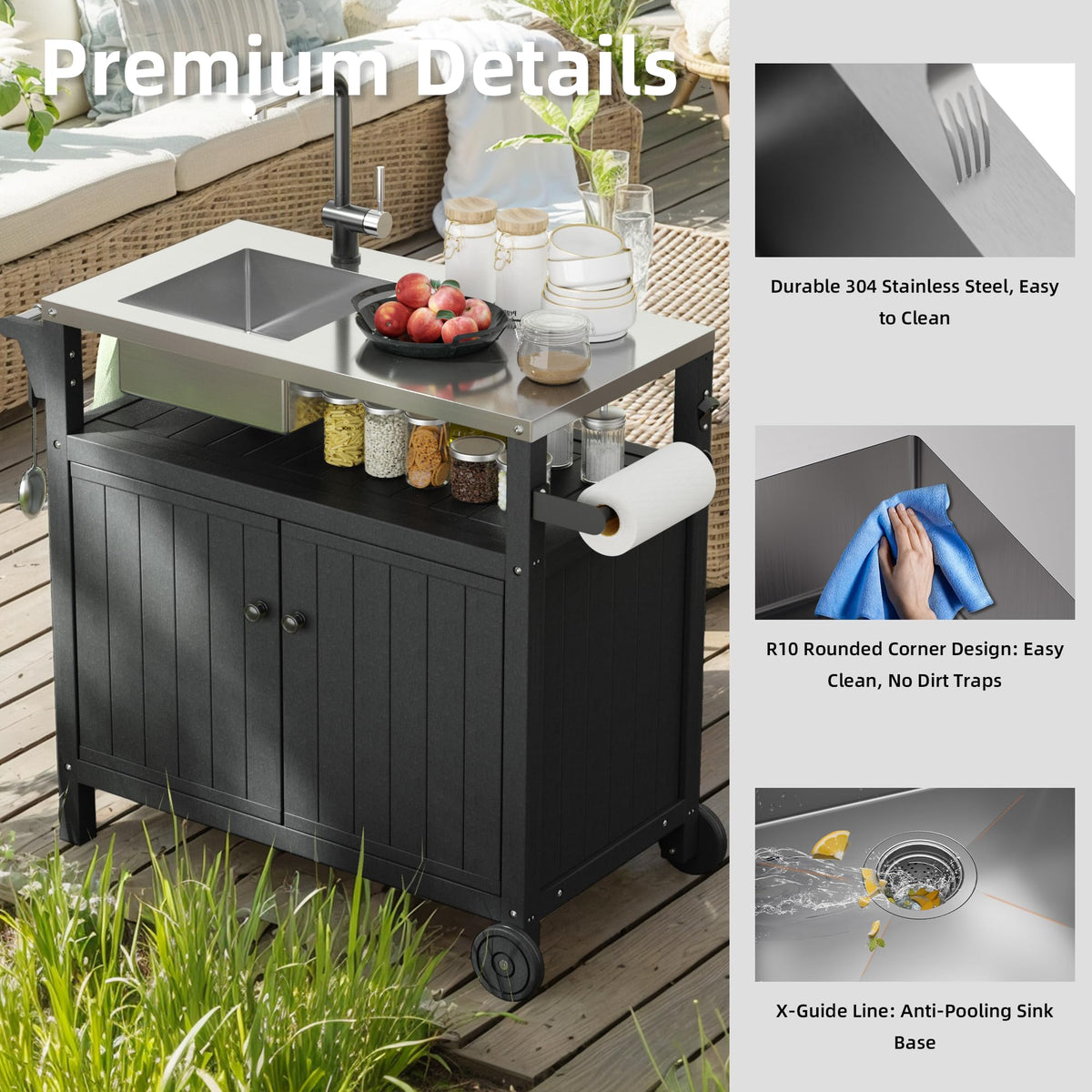 TORVA Multi-Functional Outdoor Grill Cart with Sink,Cabinet and Cover, 42 inch Freestanding Modular Kitchen Sink Station in 304 Stainless Steel&HDPE, All Weather Use BBQ Table, Black