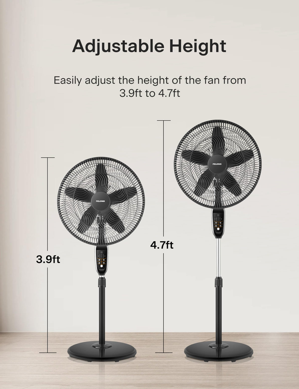 PELONIS PFS45A5BBB 18 inch 5-Blade Oscillating, Adjustable Standing Pedestal Remote, LED Display, 5 Speed Setting and 7-Hour Timer Fan, Black
