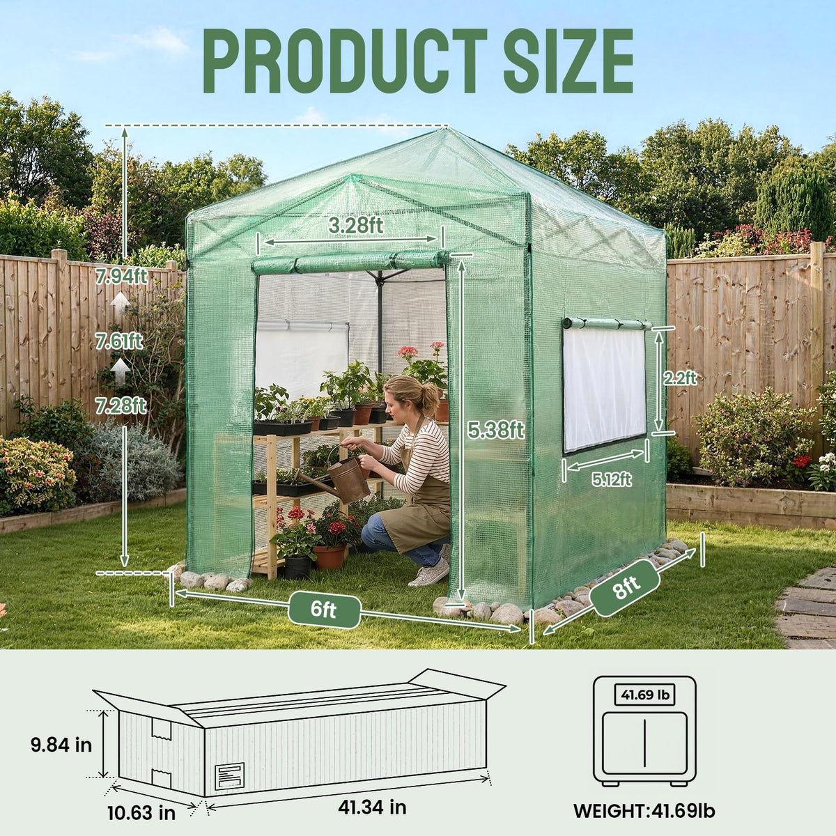 CROWN SHADES 8x6 Walk-in Greenhouse,Pop Up Portable Greenhouse with Center Lock One Push Instant,Outdoor Greenhouse Kit with Roll-Up Door,Mesh Windows&Adjustable Height for Backyard Garden（Green）