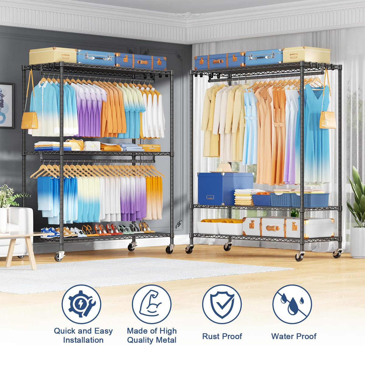ULIFHOME P8 Max Heavy Duty Clothes Rack（With Extended Width Design） Rolling Clothing Racks for Hanging Clothes，Portable Garment Rack with Lockable Wheels，51.2" W x 15.8" D x 80.5" H，Load 700LBS，Grey