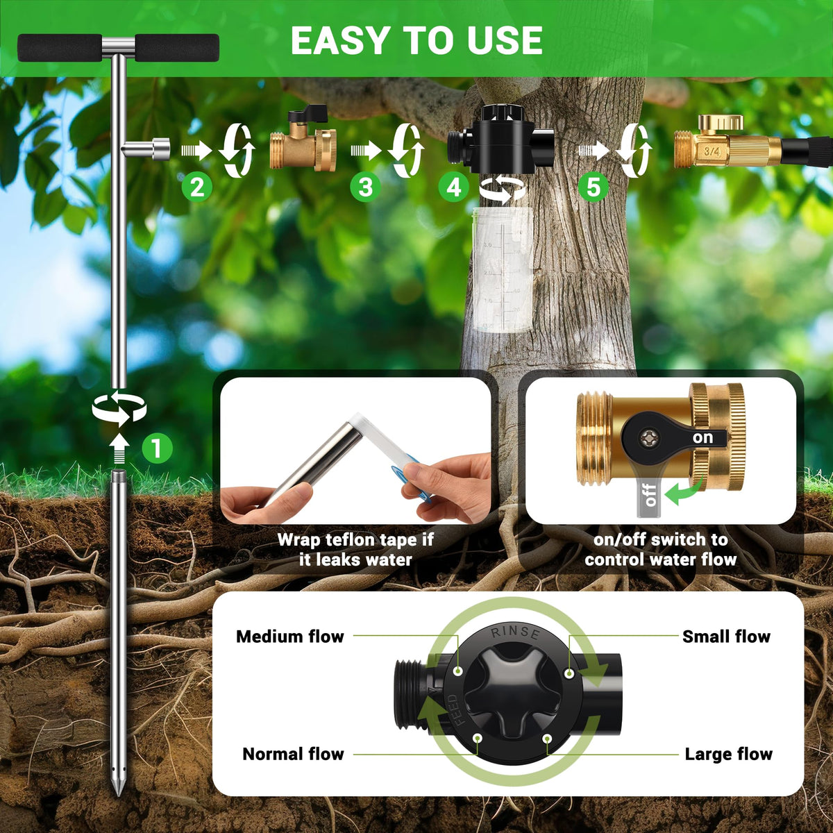 Deep Root Watering Tool for Trees Watering Spike with Fertilizer Bottle | Stainless Steel Root Feeder for Trees Irrigation System for Outdoor Garden, Plant & Shrubs Growth with Brass Valve | T-Handle