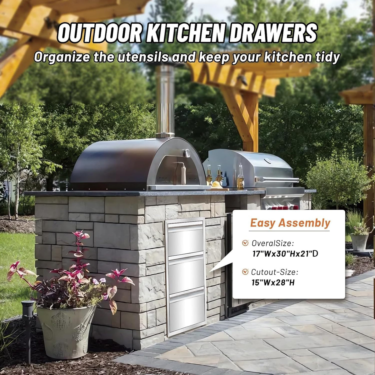 yuxiangBBQ Outdoor Kitchen Drawer, Stainless Steel Tilting Paper Towel Holder Drawer Plus Double Drawers Combination, 17W 30H 21D Double Wall Outdoor Kitchen Drawers