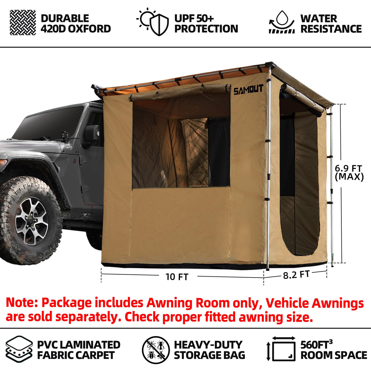 SAMOUT Vehicle Awning 8.2' x 10' Rip-Stop 420D Oxford Side Changing Room With PVC Floor, Waterproof & Wind Resistance, Easy Setup Design (Room Only)