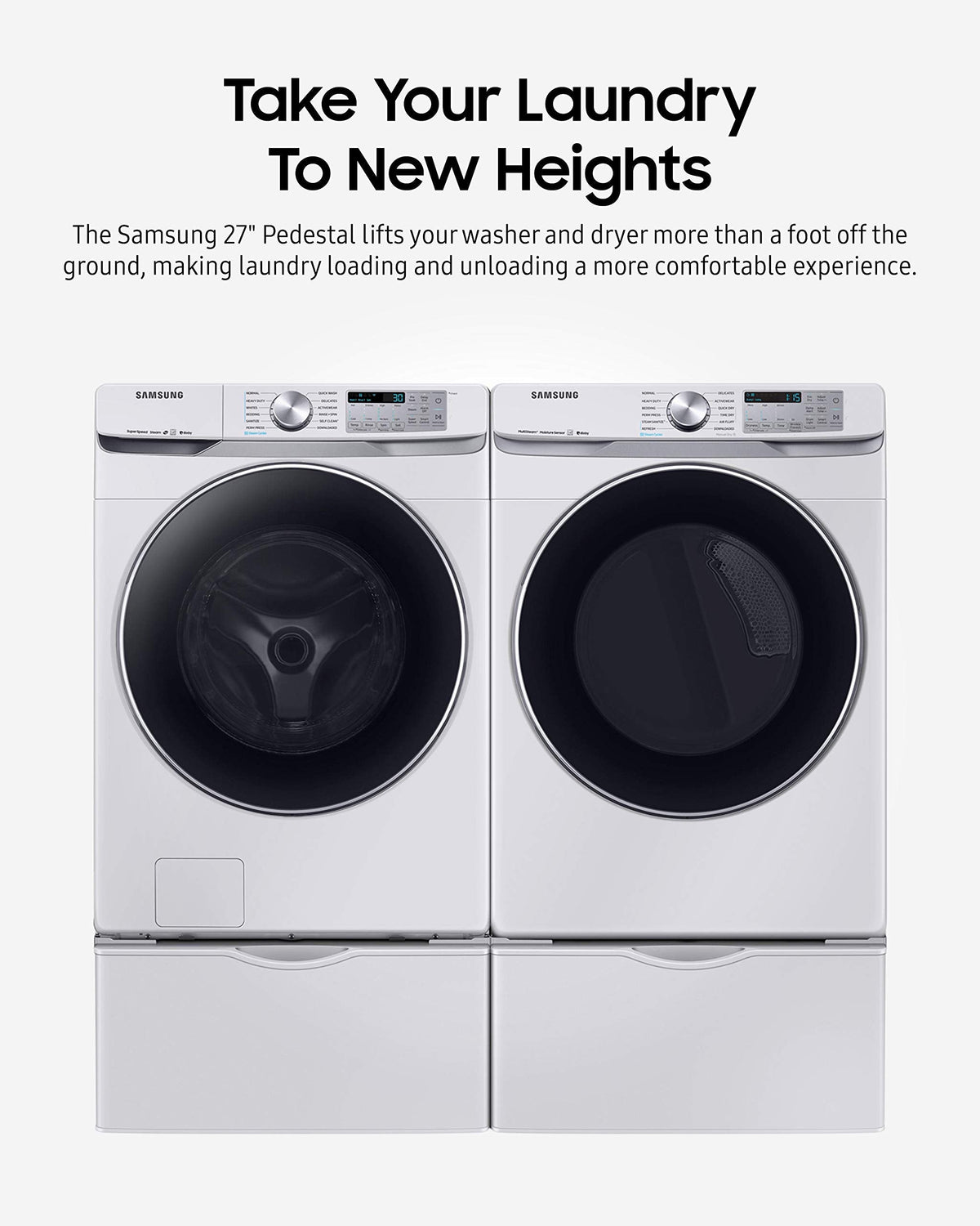 SAMSUNG 27-Inch Washer Dryer Pedestal Stand w/Pull Out Laundry Storage Drawer, Stainless Steel, WE402NW/A3, White & Shark AI Ultra Voice Control Robot Vacuum with Matrix Clean Navigation