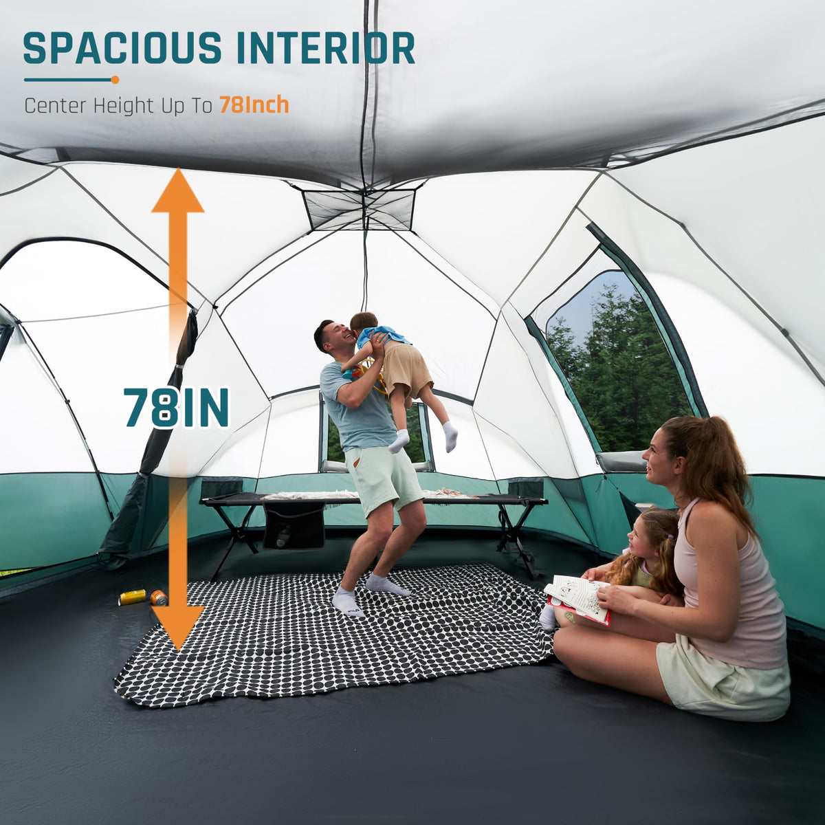 11 Person Camping Tent with Porch, Large Family Tents for Camping, PU1000MM Waterproof Tent with 5 Mesh Windows, Removable Rainfly, Reflective Windproof Rope, Big Dome Tent Fits 3 Queen Airbeds