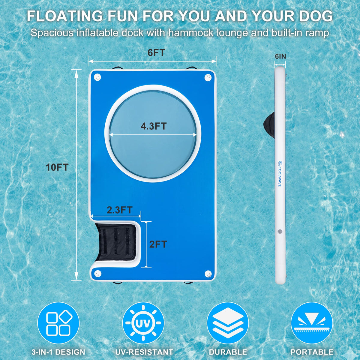 COOLWAVE Inflatable Floating Dock 10x6FT Dog Boat Ramp, Extra Large Floating Dog Dock with Water Hammock for Pool Lake Beach, Heavy Duty Lake Floats for Adults and Pets, 700LBS Load Capacity