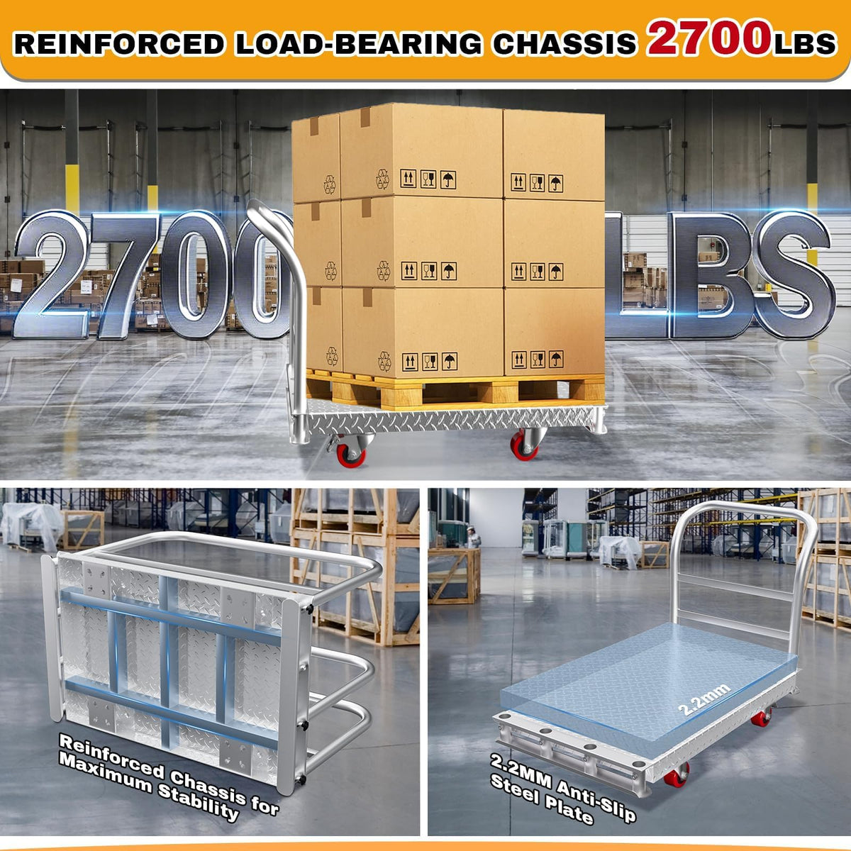 2IN1 Steel Panel Cart Dolly – Large Heavy Duty Drywall Lumber Truck Cart with 2700 LBS Capacity, 40 x 24 Inch 2.2MM Steel Plate, 6.3" Swivel Brake Wheels, 1 Front & 3 Side Handrails