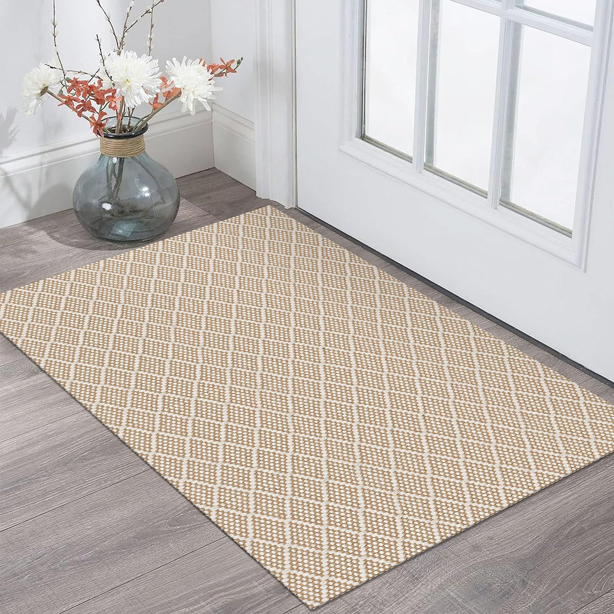 KOZYFLY Small Area Rug 2x3 Ft Washable Entryway Rug Non Slip Rubber Backed Throw Rugs Indoor Door Mat, Braided Cotton Floor Carpet for Front Entrance Front Door Sink Foyer, Tan/Beige