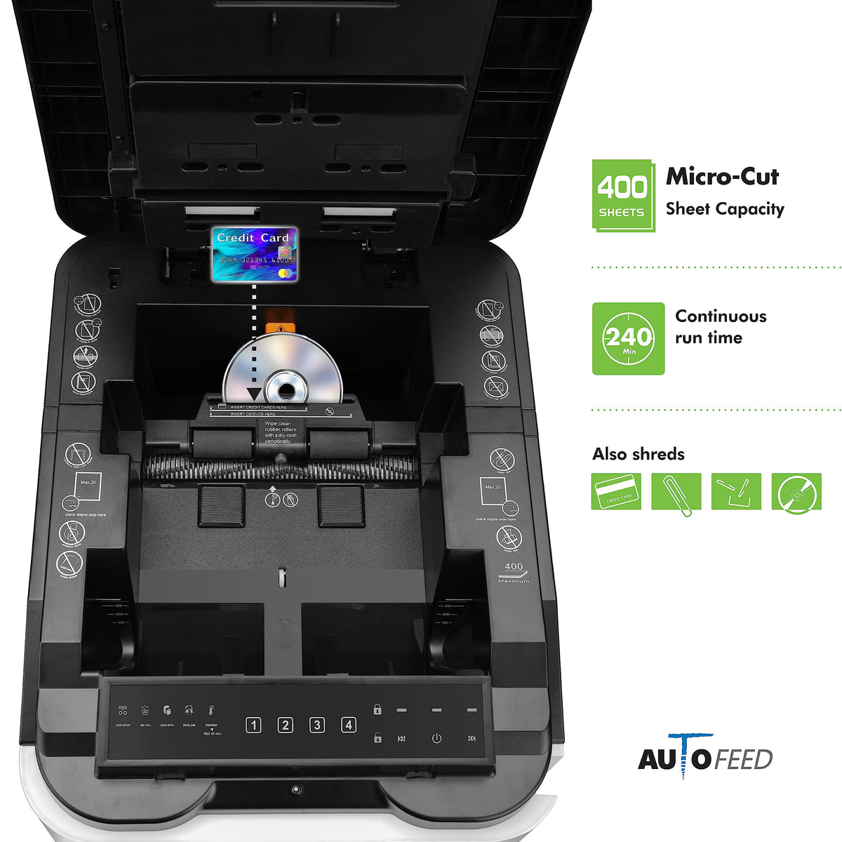 Aurora Commercial Grade 400-Sheet Autofeed High Security Micro Cut Paper and CD/Credit Card Shredder/ 240 Minutes Continuous Run Time Heavy Duty Shredder for Office/Security Level P-5
