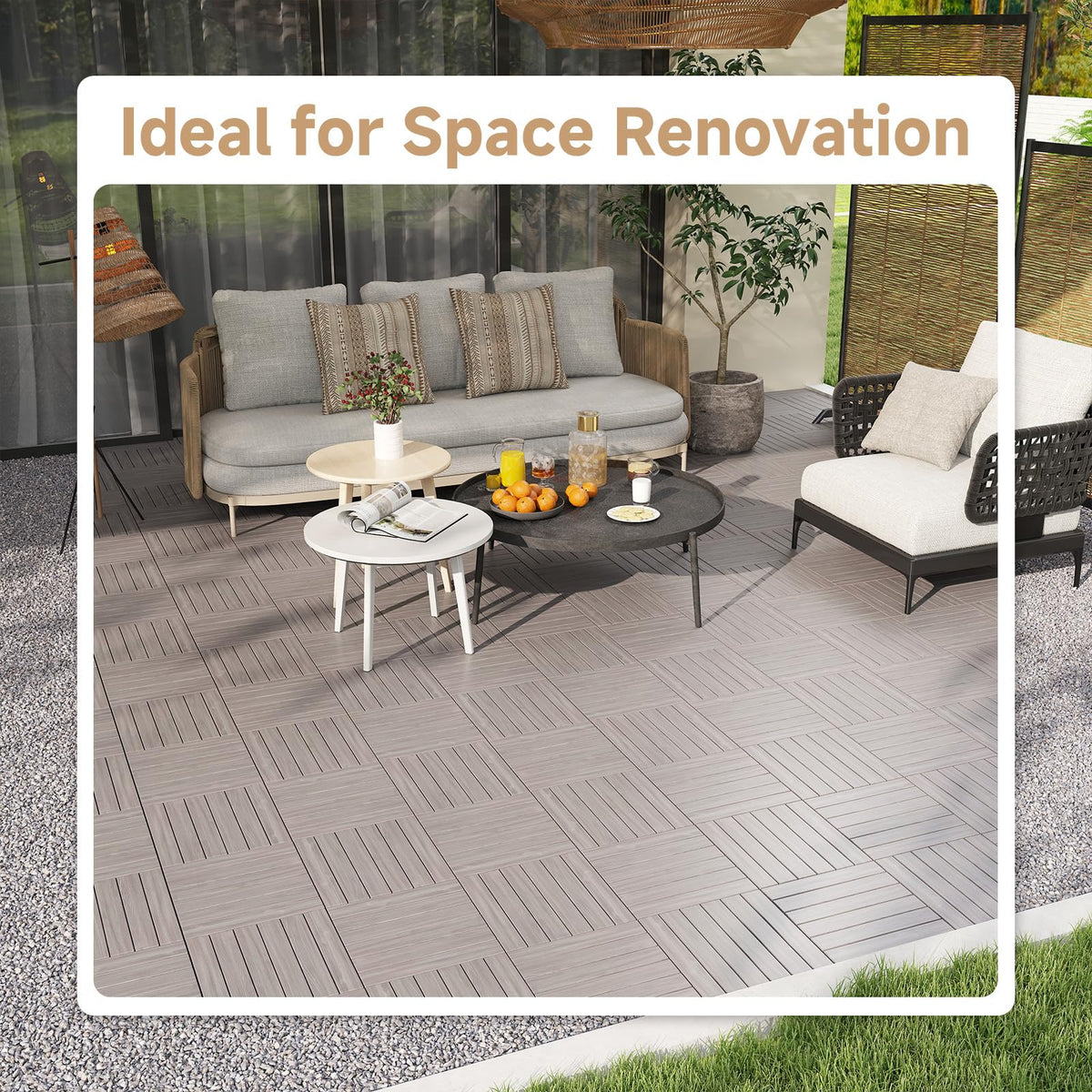 Rovibek Acacia Wood Interlocking Deck Tiles, 30PCS 12"x12" Outdoor Waterproof Decking Tiles, All Weather Use for Balcony Patio Backyard Poolside, Indoor & Outdoor, Striped Gray