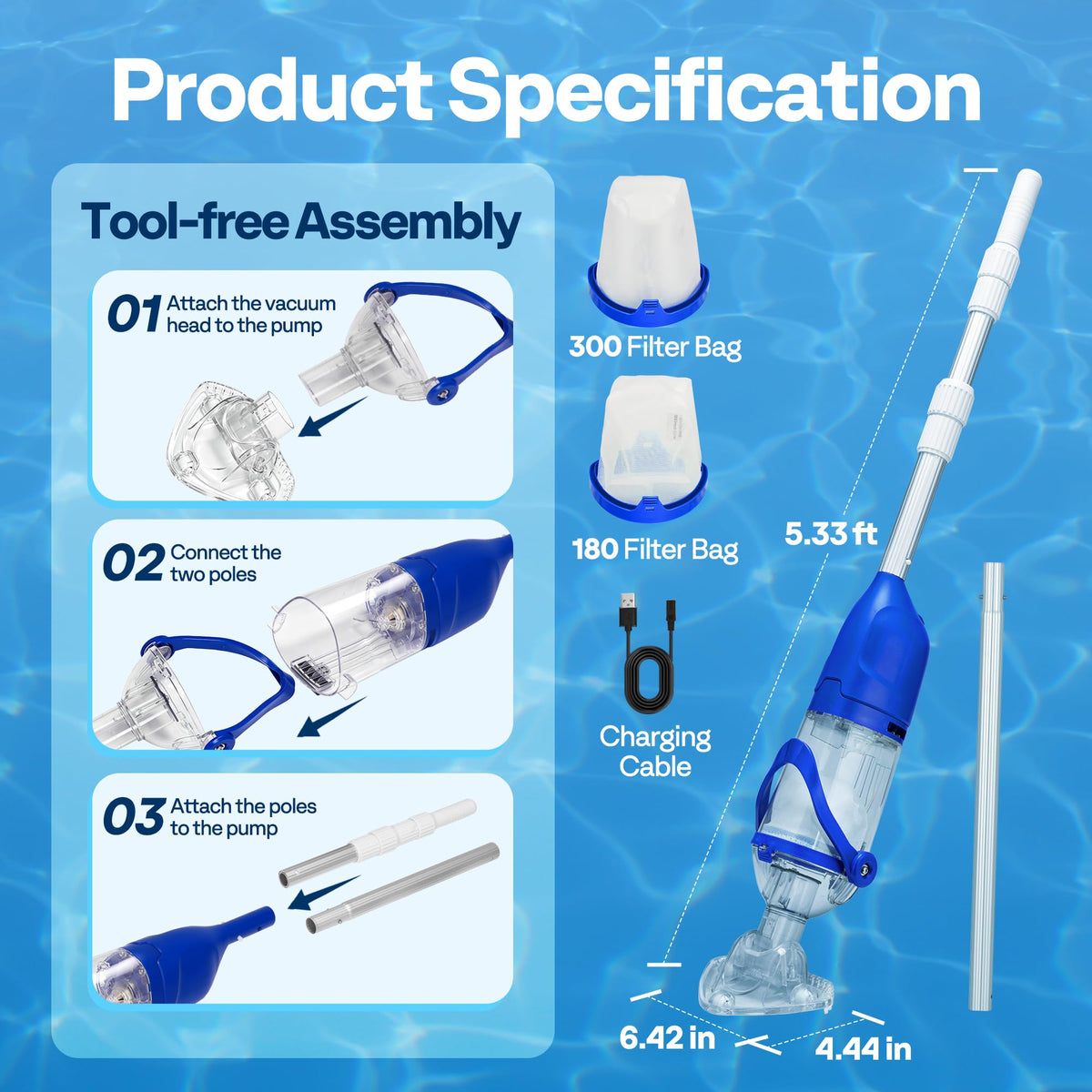 VIVOHOME Handheld Pool Vacuum 13.2 GPM Suction Cordless Pool Cleaner 20W Powerful Motor Long-Run 60min Battery, Adjustable Pole for Above Ground & In-Ground Pools, Spas - Blue