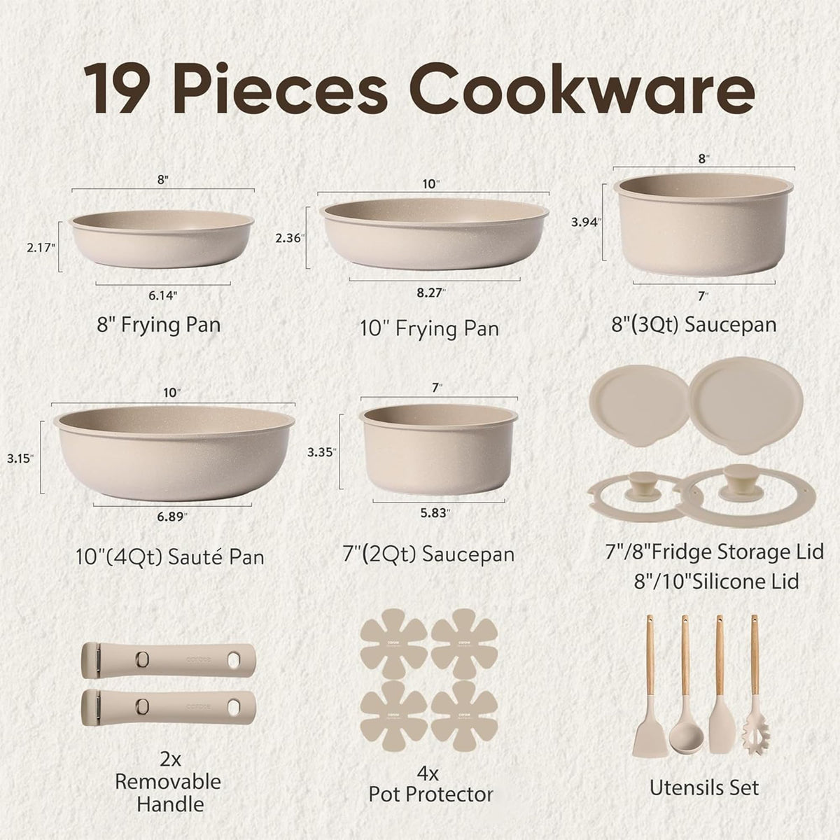 CAROTE 19pcs Pots and Pans Set Non Stick, Nonstick Cookware Set Detachable Handle, Induction Kitchen Cooking Sets with Removable Handle, RV Kitchen, Oven Safe, Taupe