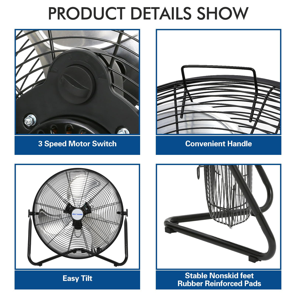 BILT HARD 20" High Velocity Floor Fan, 4600 CFM 3-Speed Industrial Shop Fan with Wall-Mounting System, Heavy Duty Metal Fan for Garage Workshop and Warehouse, 2 Pack