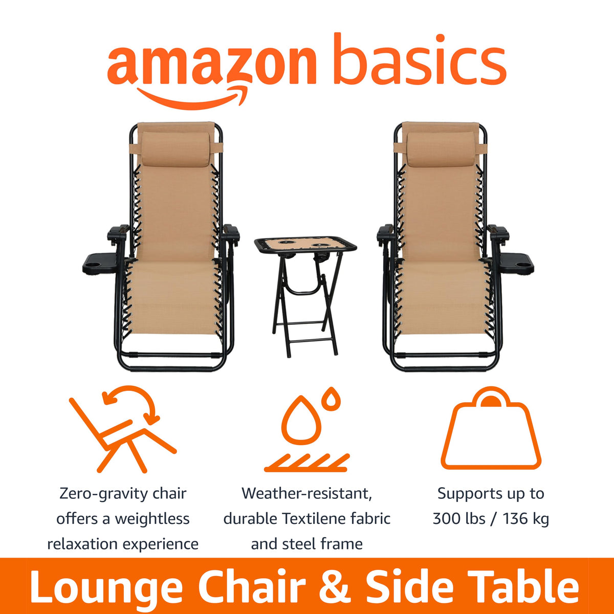 Amazon Basics Outdoor Textilene Adjustable Zero Gravity Folding Reclining Lounge Chair Set with Cup Holder, Side Table, Headrest, Weather-Resistant, 35 x 26 x 43 inches, Beige, 2-Pack