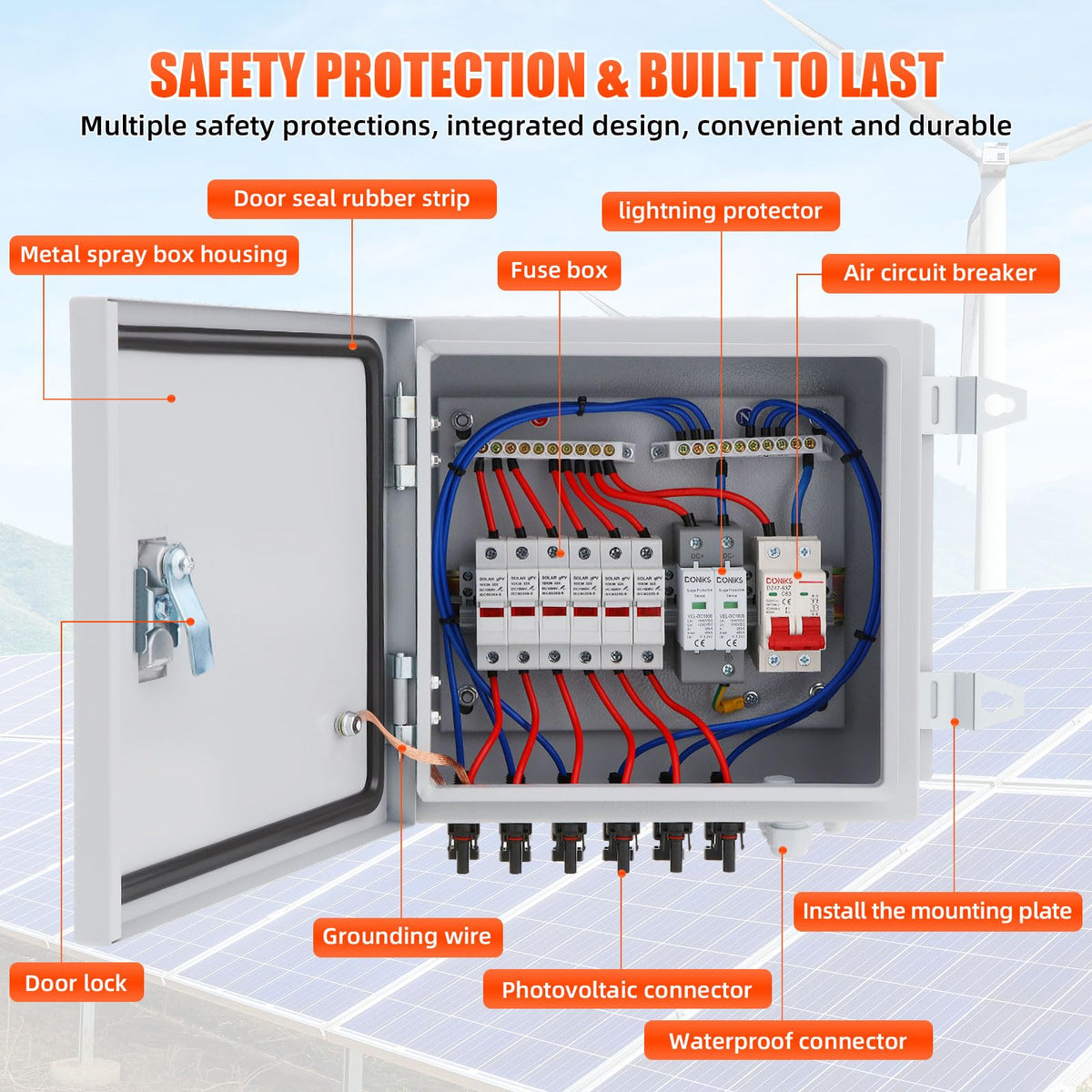 Doniks 6 String Metal Solar Combiner Box, IP65 Waterproof PV Combiner Box with 20A Rated Current Fuse, 63A Air Circuit Breaker,Lightning Arrester, Metal Box for On/Off Grid Solar Panel System