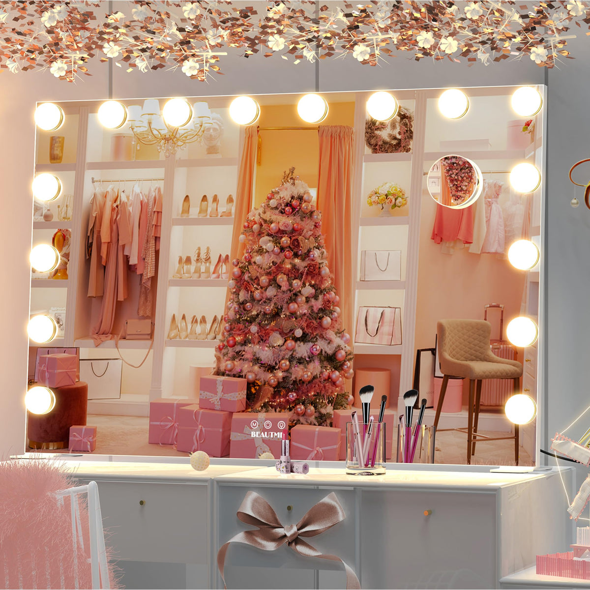 BEAUTME Large Vanity Mirror with Lights, 35.9''×24.3'' Makeup Mirror, Light up Mirror with 16 Dimmable LED Lights and 10X Magnification, 3 Colors Lights Modes, Touch Control, White