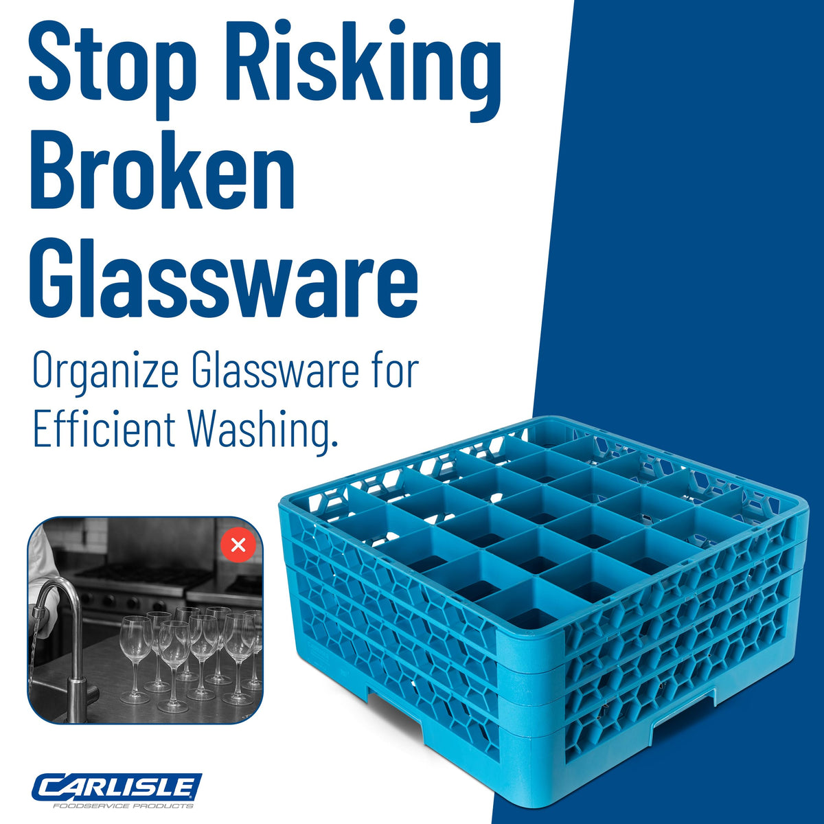 Carlisle FoodService Products OptiClean 25-Compartment Glass Racks With 3 Extenders for 3.19" Cups – Glass Racks for Restaurants Scratch-Resistant Texture, Blue, (Pack of 2)