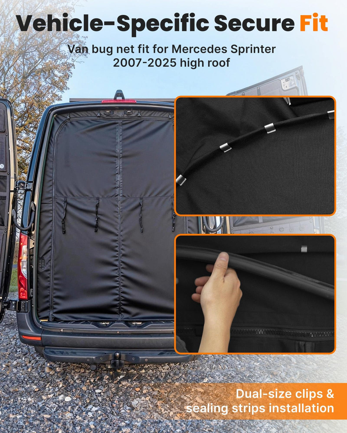 MELIPRON Van Bug Screen with Privacy Blackout Panel Fit for Mercedes Sprinter 2007-2025 High Roof Rear Door, Magnetic Self-Closing Mosquito Net Fly Screen for Van Life Camping