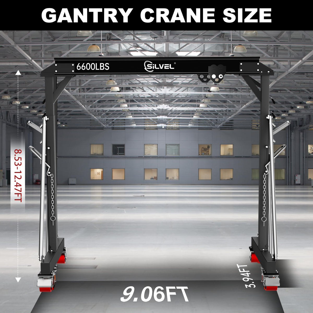 SILVEL 3 Ton Gantry Crane, Max 6600Lbs 8.53FT Maximum Working Width, Adjustable Height 8.53-12.47FT, Portable Shop Lift Hoist with 3 Ton Manual Trolley for Factories, Warehouses, Garage,Black