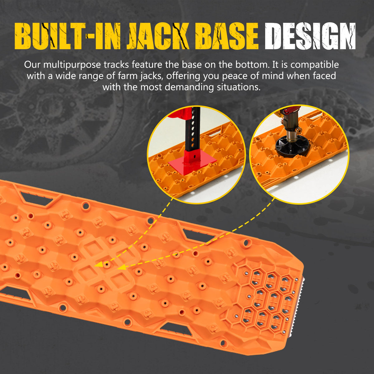 BUNKER INDUST Offroad Traction Board with Jack Base,Pair 47.24"L x 14"W Recovery Track Tire Traction Mat -Orange Sand,Mud,Snow Ramps (Replaceable Dual Colors Teeth/Rugged Steel Plate) Gen 11th