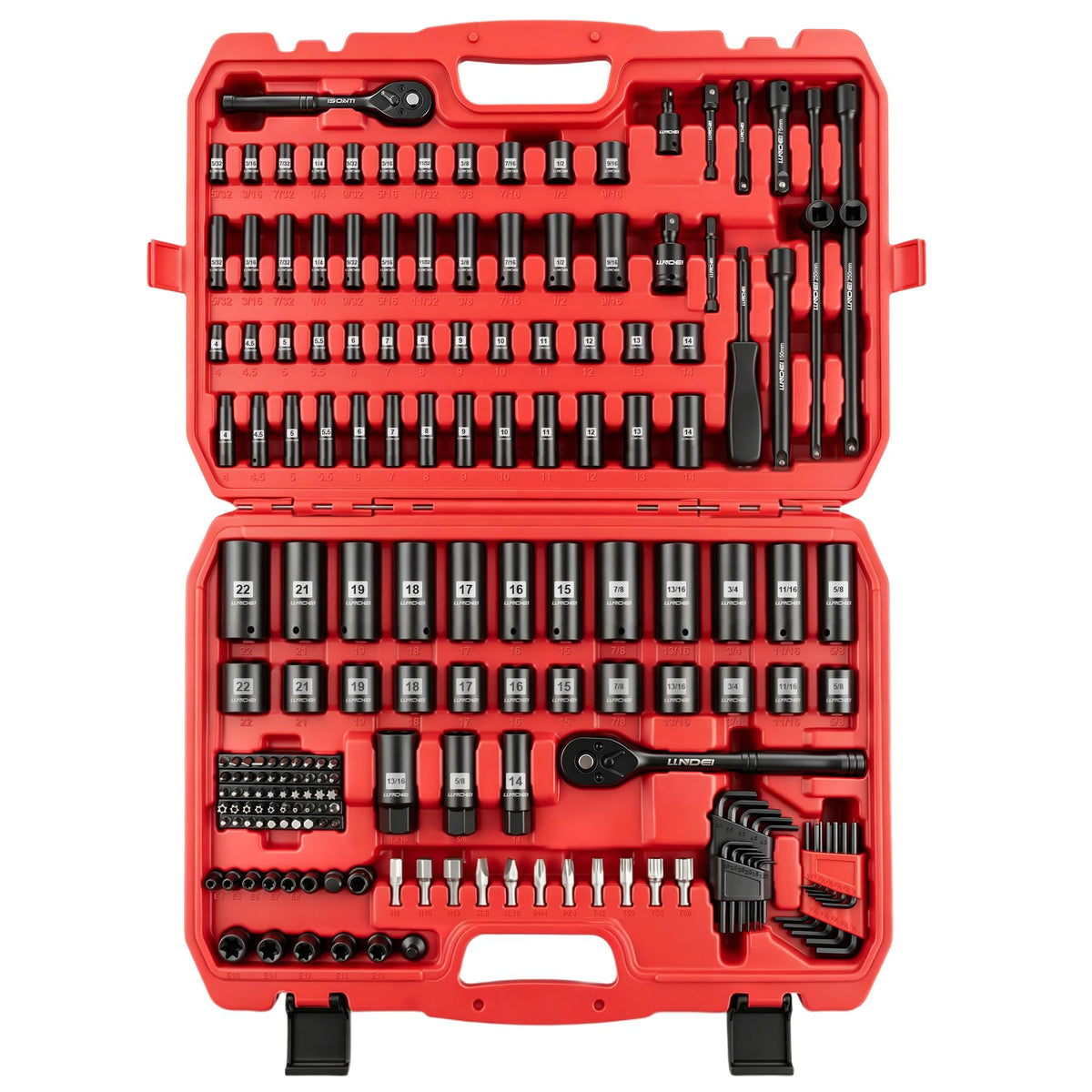 LLNDEI 1/4 & 3/8 Inch Drive Impact Socket Set, 186 Pieces Metric and Standard Full Sockets, CR-V Deep & Shallow Sockets Tool Set with Ratchet Wrench Handle, Spark Plug Socket, Bits for Mechanic