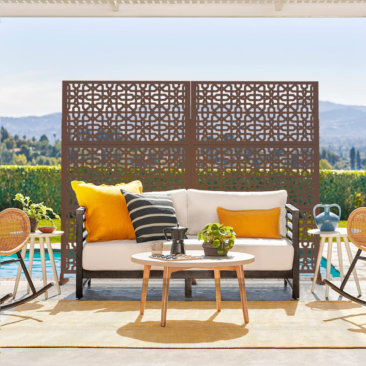 Elevens Outdoor Decor Privacy Fence Screen Metal Fence Panels,Decorative Privacy Screen with Stand,Outdoor Divider for Garden Patio Backyard,76" H×35" W(Brown-Perilla)