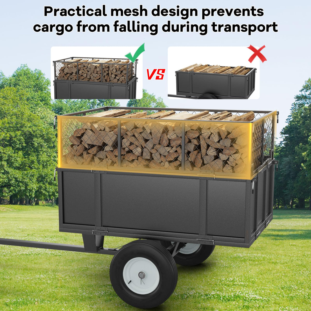 Towallmark 750 Lbs Heavy Duty Dump Cart, 17 Cu ft Steel Utility Wagon with Removable Mesh Sides & Pneumatic Tires, Tow Behind Garden Trailer for Lawn Tractor, Mower, Yard Debris Hauling