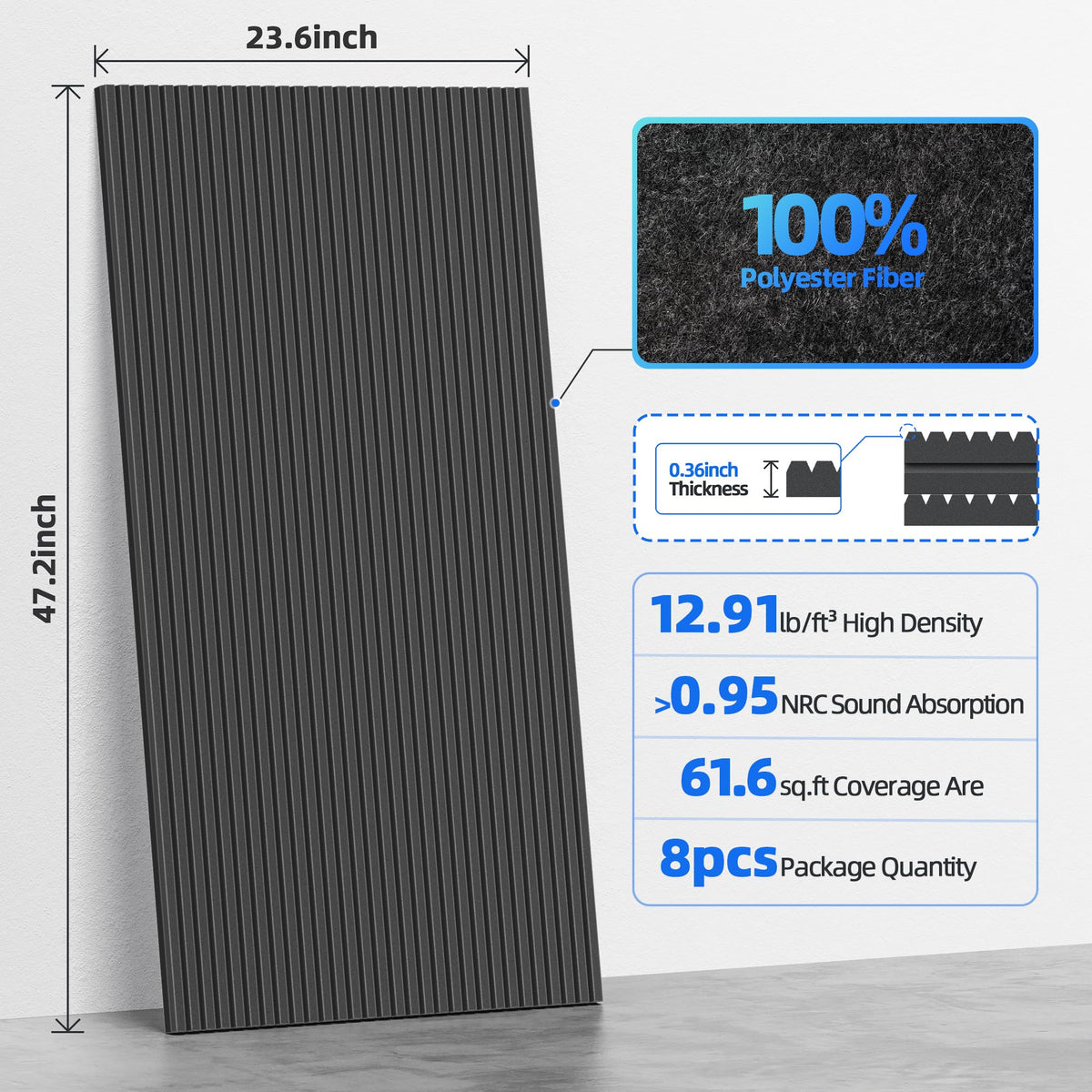 8 Pack Large Acoustic Panels Sound Absorbing with Self-Adhesive, 47.2”*23.6”*0.36” High Density Sound Proof Foam Panels for Walls, 3D Vertical Soundproof Wall Panels for Home Studio Office Decor-Black