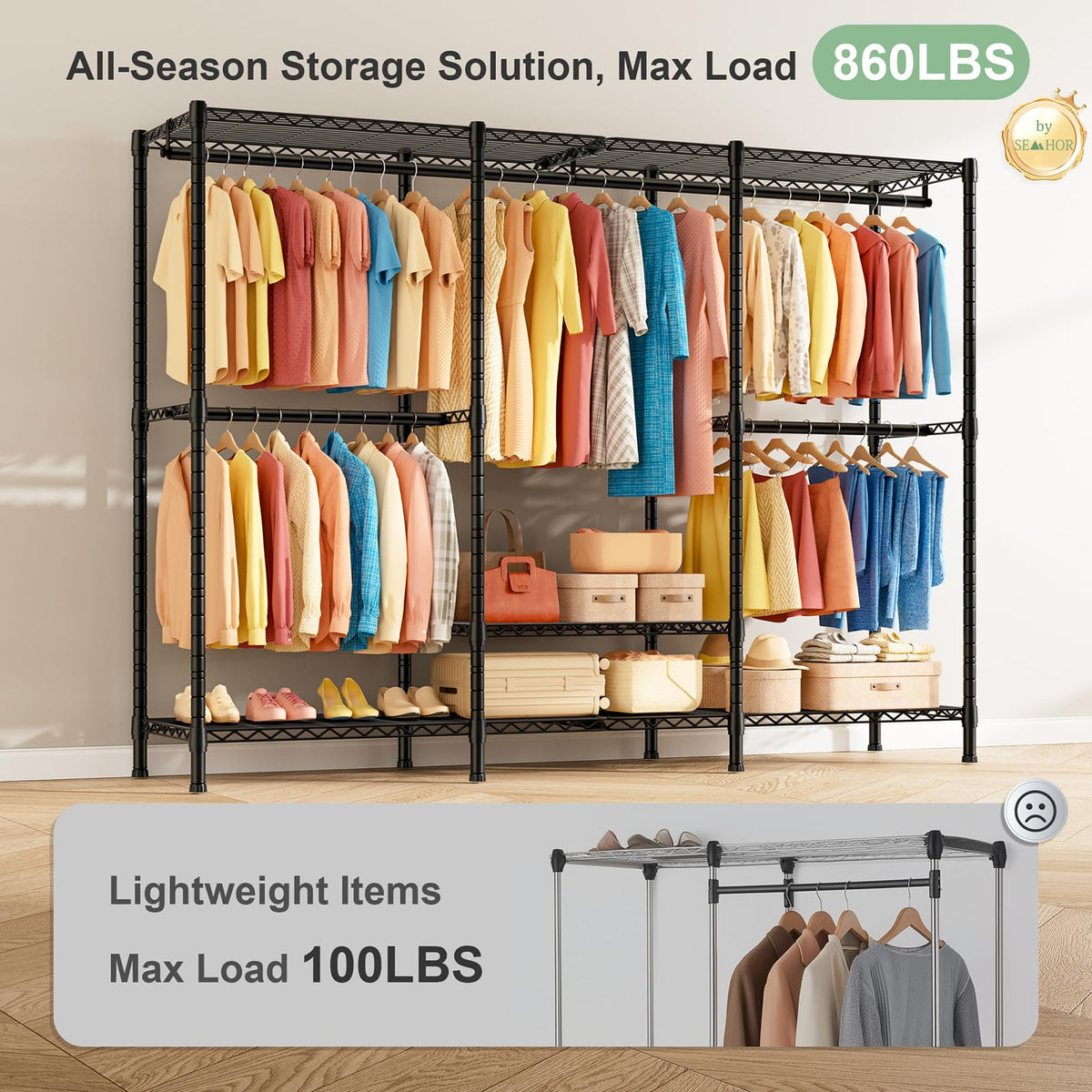 SEMHOR K01C Heavy Duty Clothes Rack with Cover, Freestanding Portable Closet System with Shelves, Adjustable Carbon Steel Garment Rack, Black Clothing Racks for Hanging Clothes, 860LBS Max Load