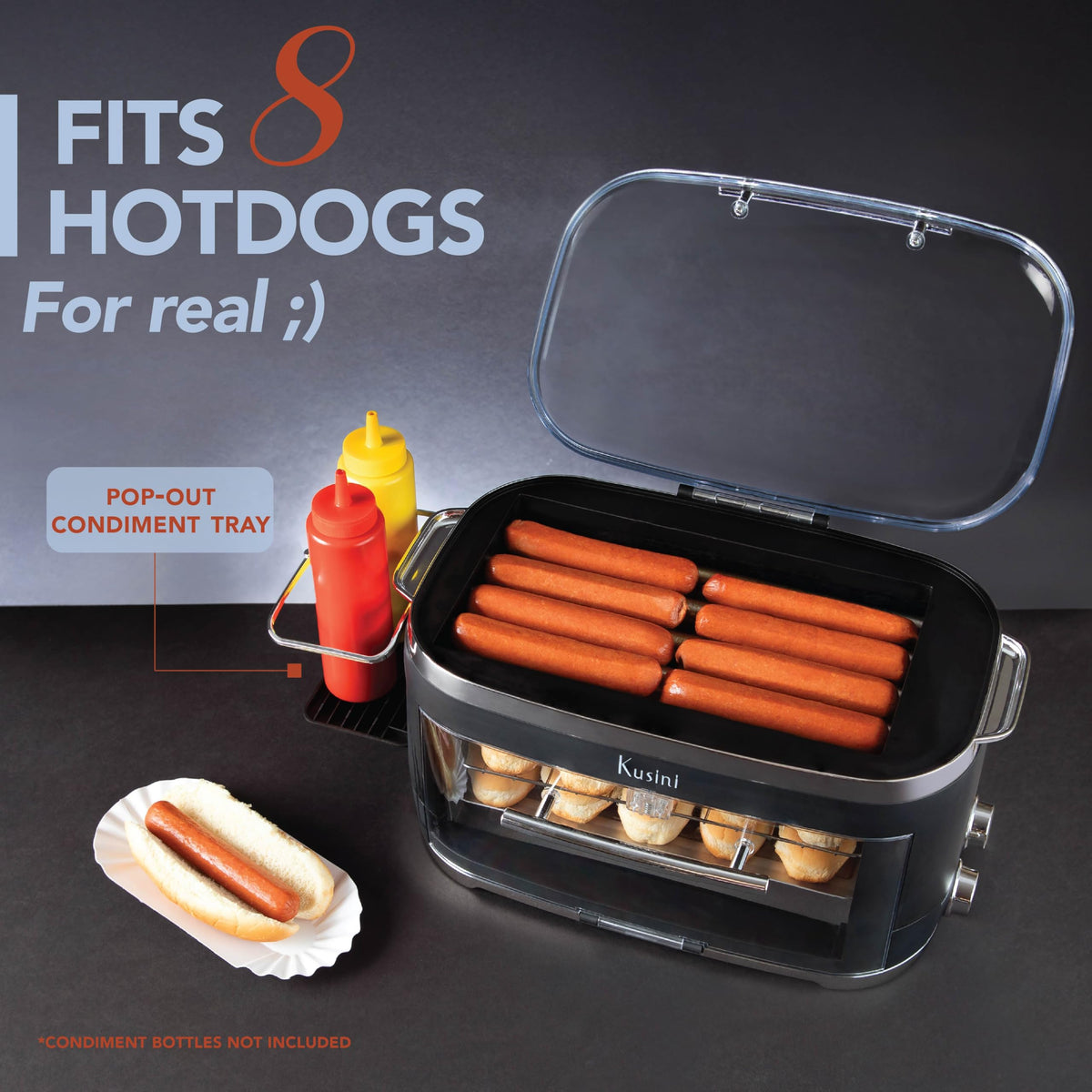 Kusini Hot Dog Roller Grill & Toaster Oven - Holds 8 Hot Dogs & 8 Buns, keep warm Option & Condiment Holder - Kitchen Appliance Hot Dog Cooker Machine - Hosting Party Essential, Unique Gifts Idea