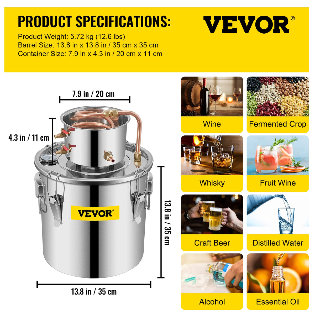 VEVOR Alcohol Still 8Gal/30L Alcohol Distiller Stainless Steel Distillery Kit for Alcohol With Copper Tube & Pump Home Brewing Kit Build-in Thermometer for DIY Whisky Wine Brandy