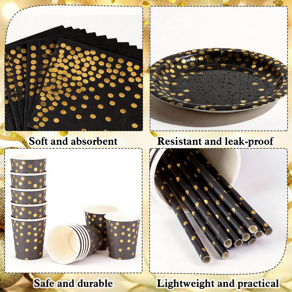 PHOGARY 61 Pcs Black Gold Disposable Tableware Set, Paper Plates and Napkins Party Supplies Dinnerware Golden Dot Black Plates Cups Straws Napkins Plastic Tablecloths for Birthday Party Decorations