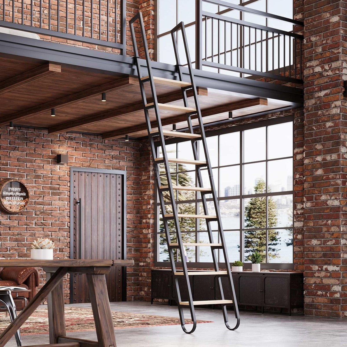 11.35FT Industrial Style Loft Ladder, 9 Steps with Black Steel Handrails & Solid Wood Steps, 450lbs Capacity, Fits 9.2-10FT Installation Height,for Attic, Kitchen, Warehouse,Bookshelf& Outdoor
