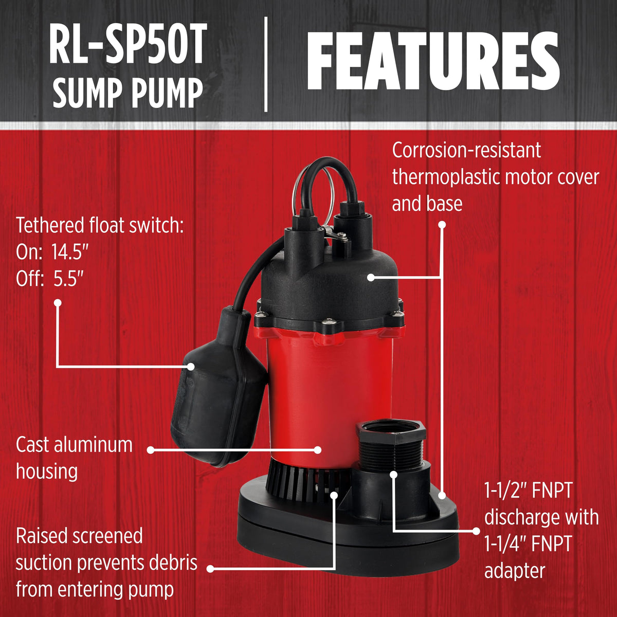 Red Lion RL-SP50T 115-Volt, 1/2 HP, 3600 GPH Aluminum and Thermoplastic Sump Pump with Tethered Switch and 8-Ft. Cord, Red, 14942742