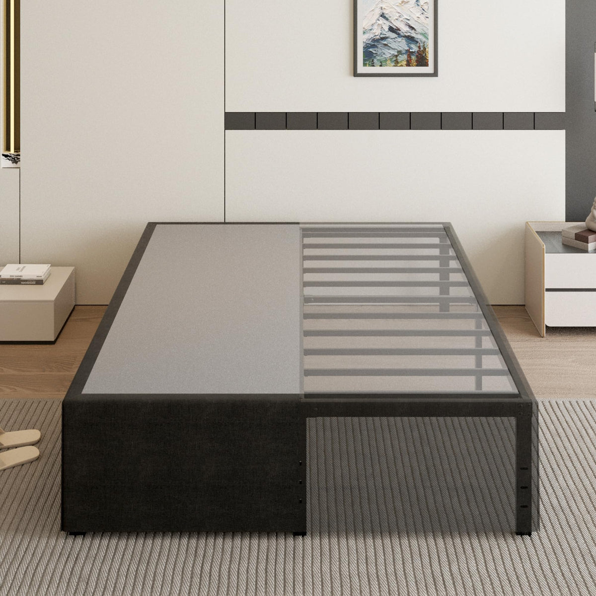 Cieemine 18 Inch Full Size Bed Frame with Black Bed Cover, Metal Bed Frame Full Size No Box Spring Needed, Heavy Duty Mattress Foundation, Easy Assembly, Noise Free