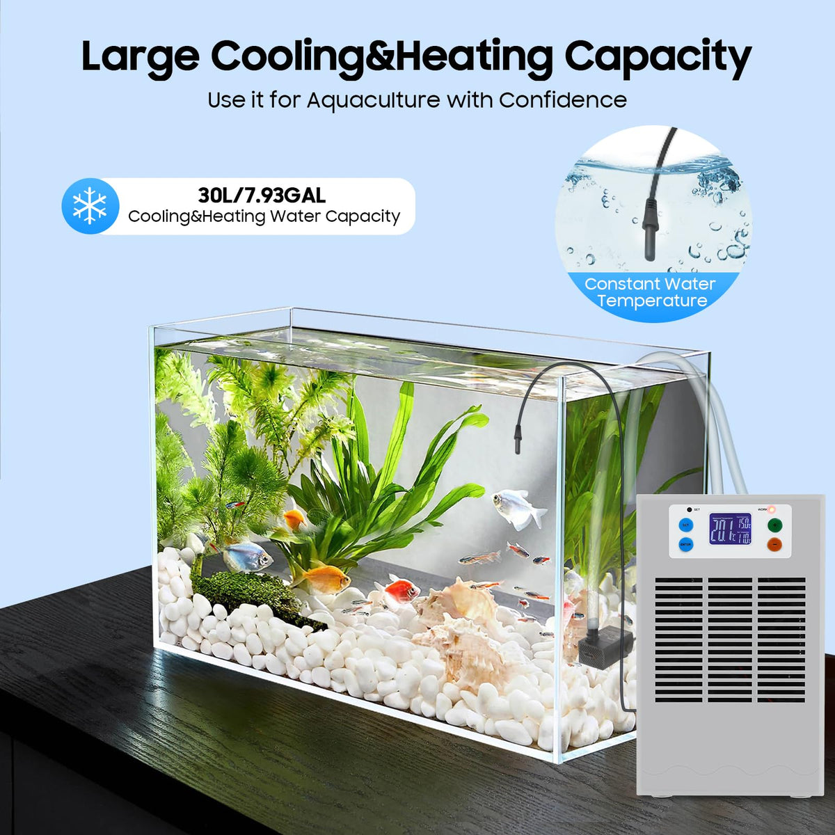 CUBELLIN Aquarium Chiller 30L/7.9 Gal Fish Pond Chiller Dc 12v Mini Tank Chiller for Axolotl, 1-3L/Min Circulation Pump, 10-40°C Digital Temperature Control for Fish, Shrimp & Coral Tanks
