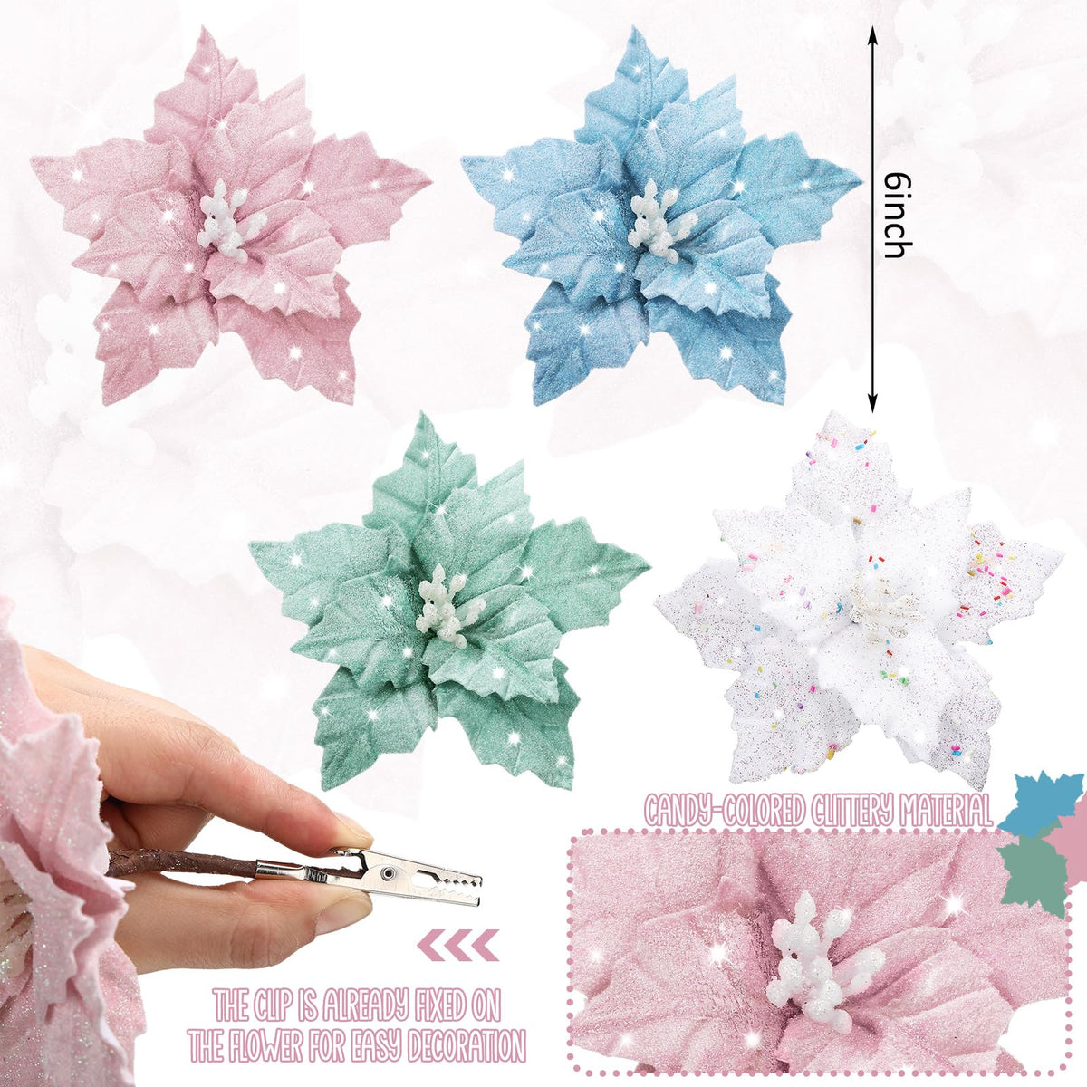 Thiccywoov 12 Pcs Christmas Tree Pastel Poinsettia Christmas Candyland Decorations Glitter Flowers 6" Xmas Tree Decorations with Clips Stems Xmas Ornaments for Wedding Party Wreath Decoration