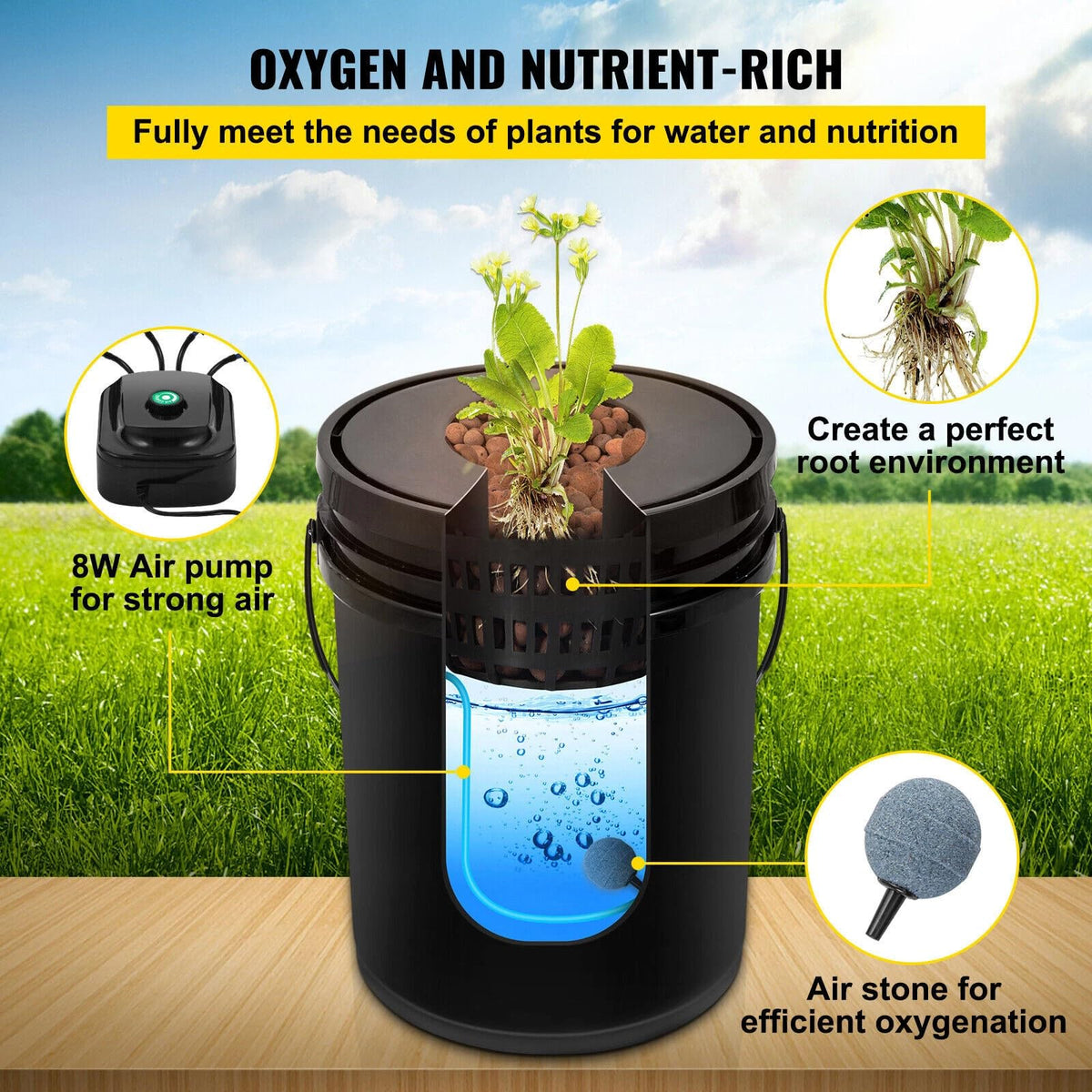 GROZY DWC Hydroponics Grow System Black Bucket Kit with Air Pump, 5 Buckets, 5 Gallon Each, 15x12x12 Inches, Indoor Growing