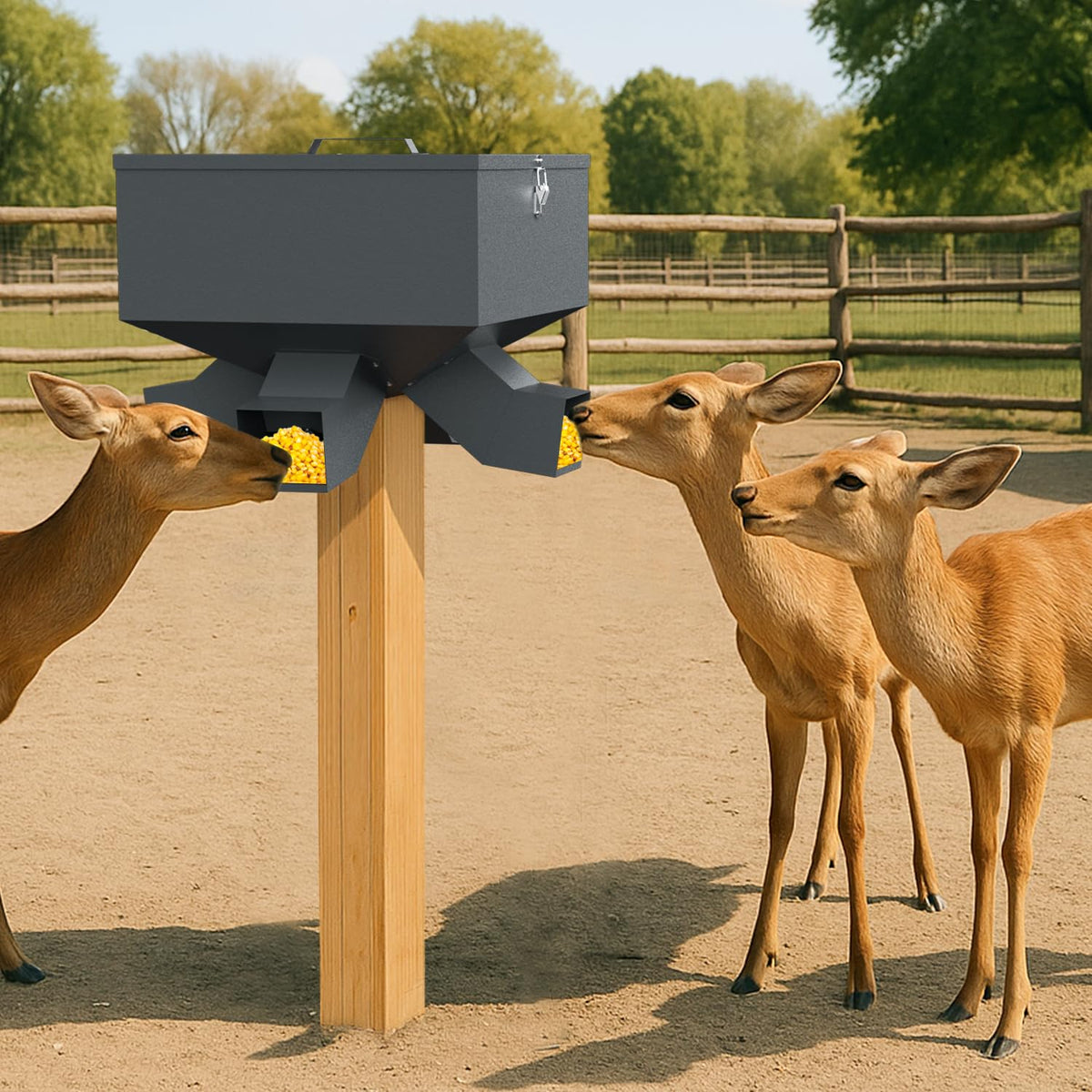 Portable 80LB Gravity Deer Feeder, Heavy Duty Metal Wildlife Feeder with 4 Feeding Ports, Weatherproof for Hunting & Backyard Game