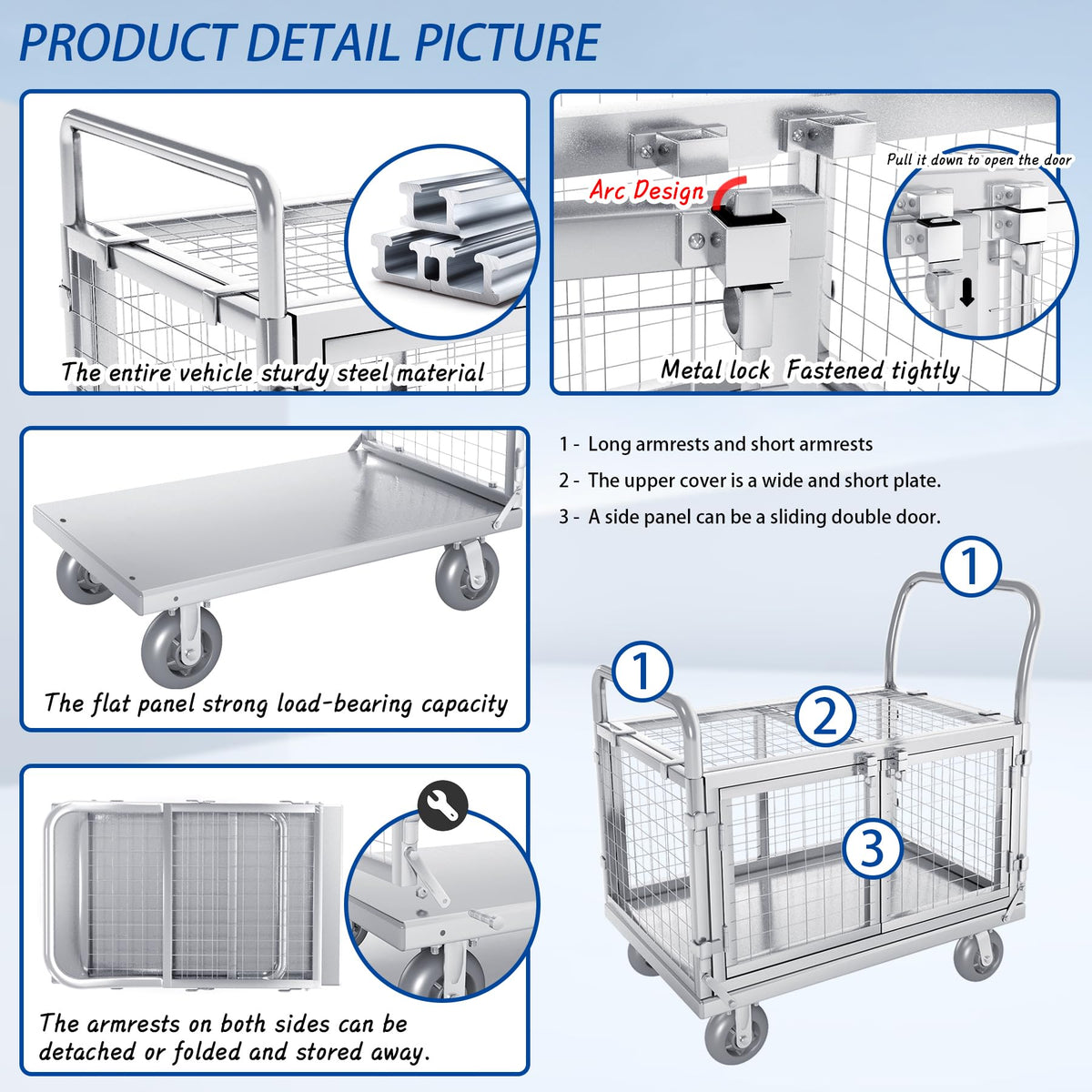 Upgrade Platform Truck with Cage, Mutipurpose 7-in-1 Heavy-Duty Utility Cart,2-Door Design Foldable Flatbed Cart with Industrail Wheels, Rmovable Fence, Load 2000lbs for Grocery/Laundry/Stall/Storage