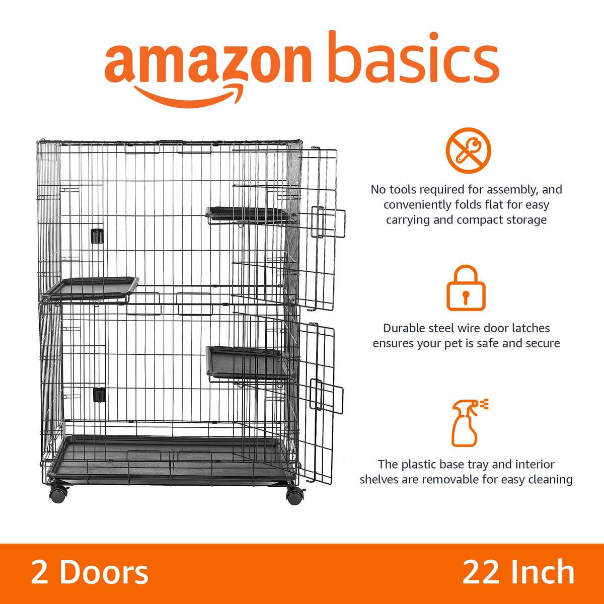 Amazon Basics Large 3-Tier Cat Cage Playpen with Easy to Clean Removable Tray, Front Doors, Portable, Foldable, 35.8" x 22.4" x 50.6", Black
