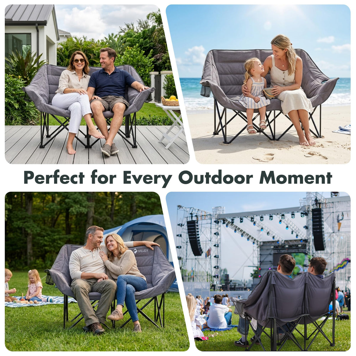 VILLEY Oversized Double Camping Chair, Heavy-Duty Folding Loveseat Camp Chair with Cup Holders, 2 Person Outdoor Chair Supports up to 900 lbs for Camping, Beach, Lawn & Sports, Grey