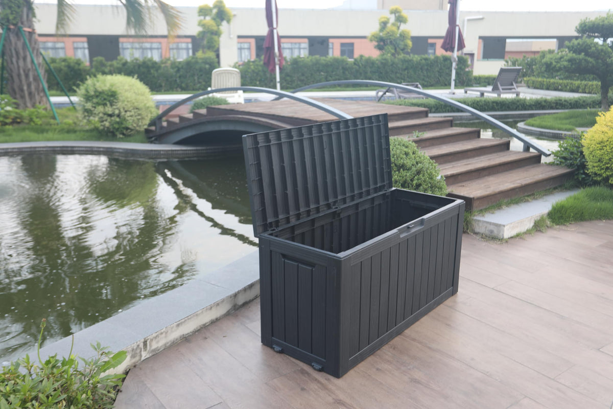 BTEXPERT 75 Gallon Resin Deck Box, Outdoor Storage Container for Patio Furniture Garden Tools Cushions Pool Sports Equipment Waterproof Lockable Stainless Steel insert UV Resistant Set of 2
