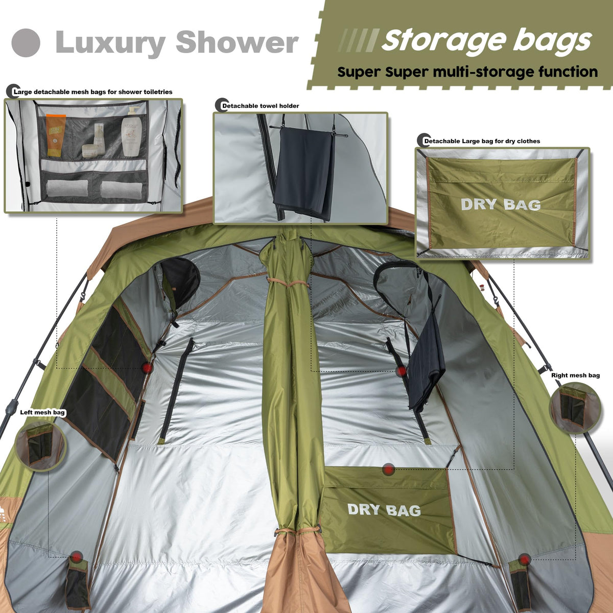 Porayhut Portable Camping Shower Tent Deluxe Changing Room Easy Set Up Privacy Shelter,Large Toilet Tent 2 Rooms with Floor Drain Design for Beach, Camping,Hiking with Stakes and Ropes for Stability