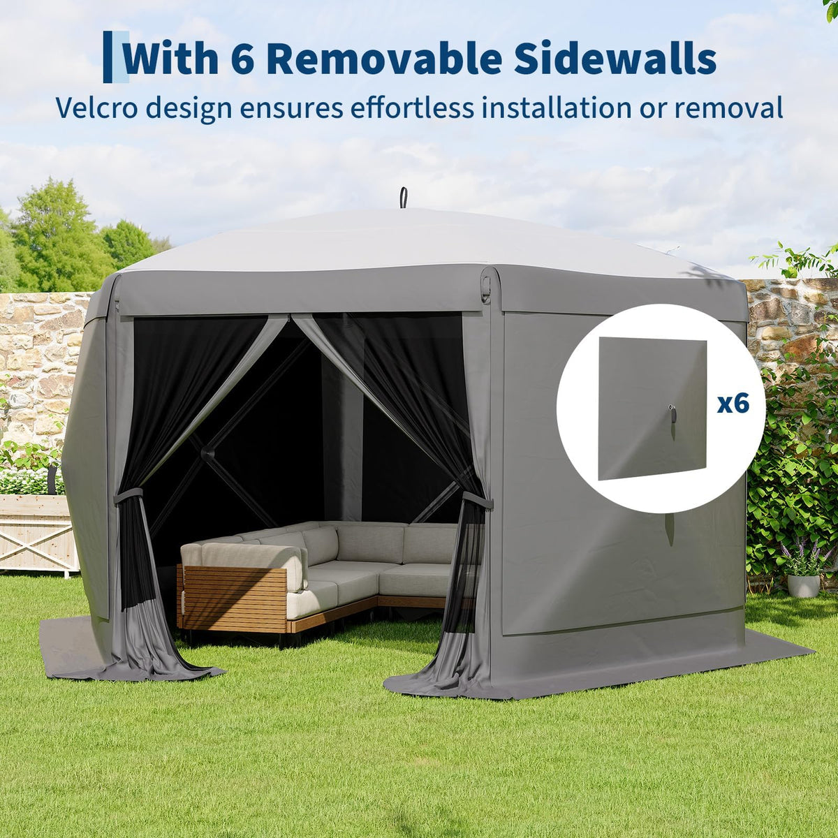 13x13FT 6-Sided Gazebo Tent, One-Push Setup Canopy with Mesh Panels & Removable Wind Cloths, Outdoor Shelter for Backyard Parties Camping Events, Grey