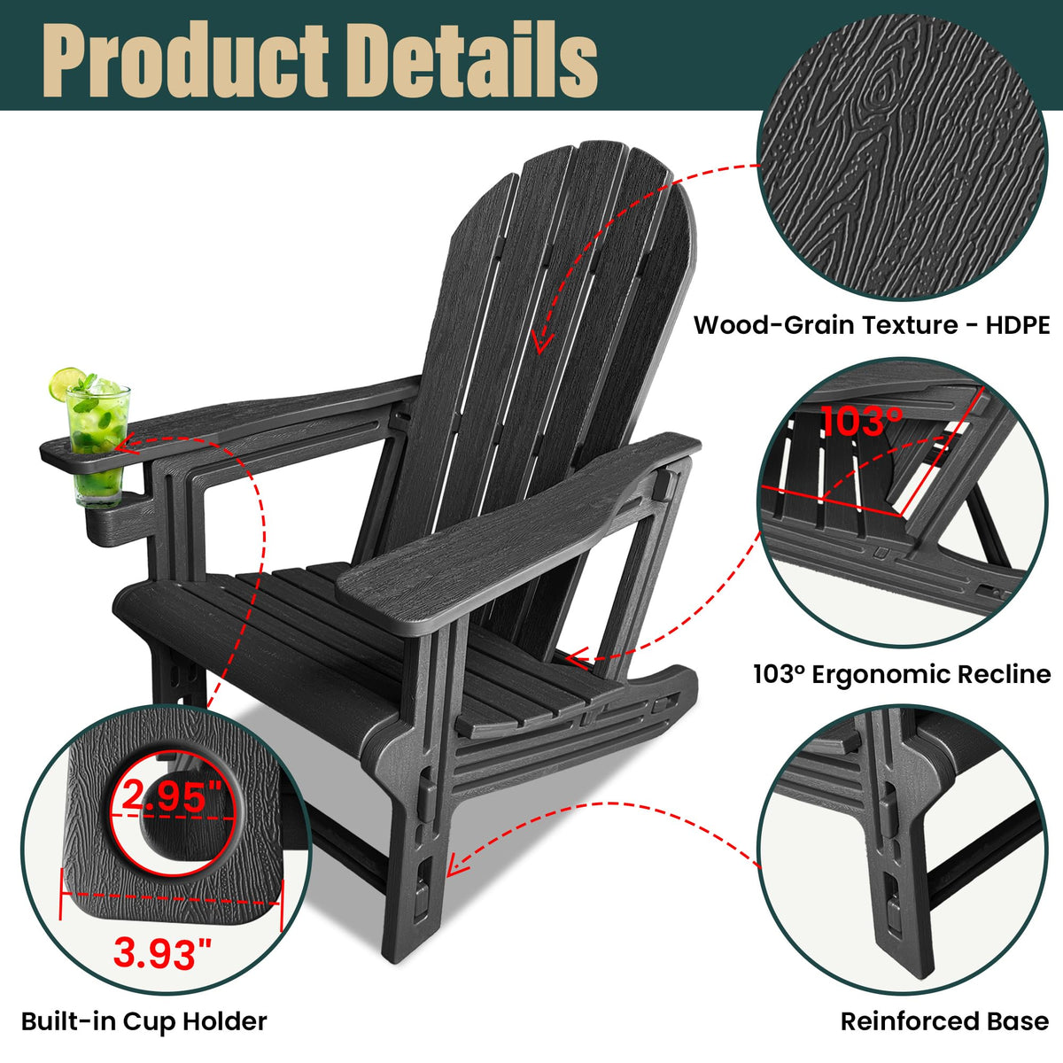 Adirondack Chair with Cup Holder,Tool-Free Assembly,No Screws Needed,All-Weather HDPE Plastic Outdoor Patio Chair,Wood-Grain Slatted Look,Easy to Take Apart for Storage,Fire Pit Chairs(Classic Black)
