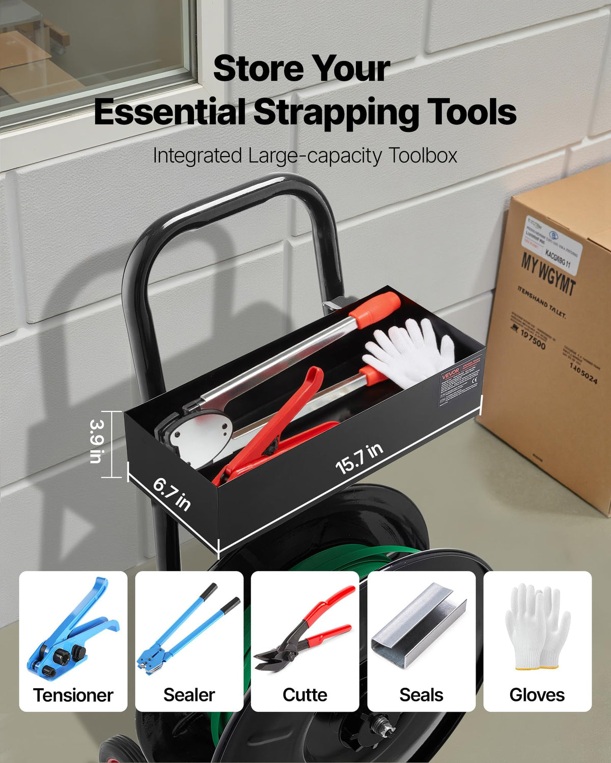 VEVOR Banding Strapping Cart, Fit for PET/PP/Polyester Strapping Coils with 8 inches Core Size, Heavy Duty Strapping Dispenser Equipped with Upgrade Brake System, Built-in Spacious Tray for Tools