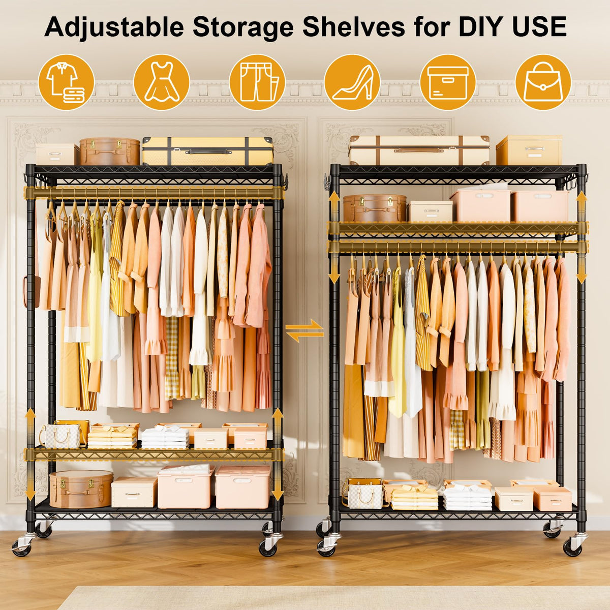 ULIFHOME P7 Rolling Clothes Rack, Clothing Racks for Hanging Clothes, Heavy Duty Garment Rack with Wheels, 3 Tiers Freestanding Portable Closet Rack 45''W × 20.5''D × 80.5''H, Max Load 480 lbs, Black