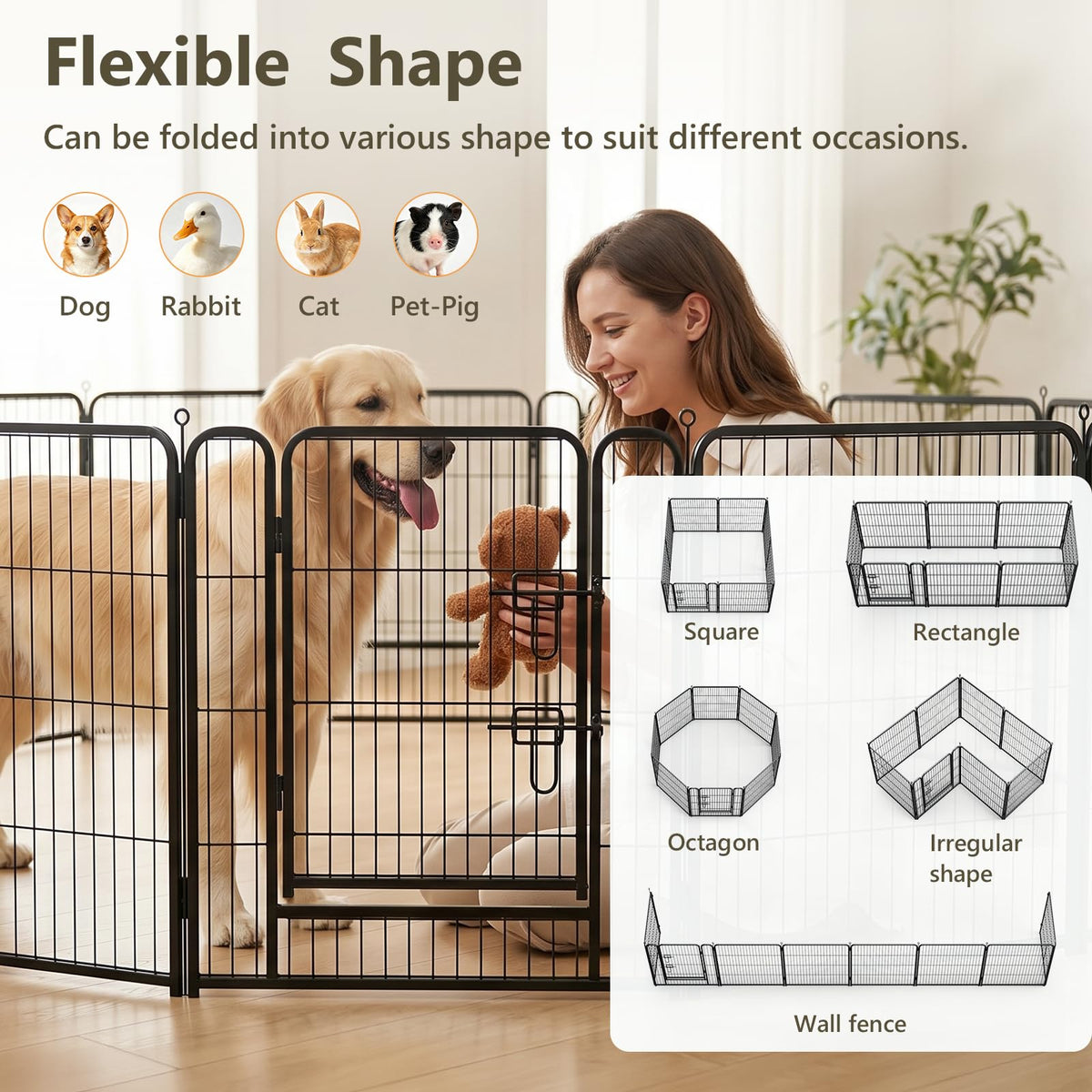 MAKE CHANGES Metal Dog Playpen - 32" Height 16 Panels Foldable Exercise Pen for Dogs Indoor/Outdoor Pen with Door for Pet Animals Portable Pet Playpen Polygon Dog Enclosure (Black)